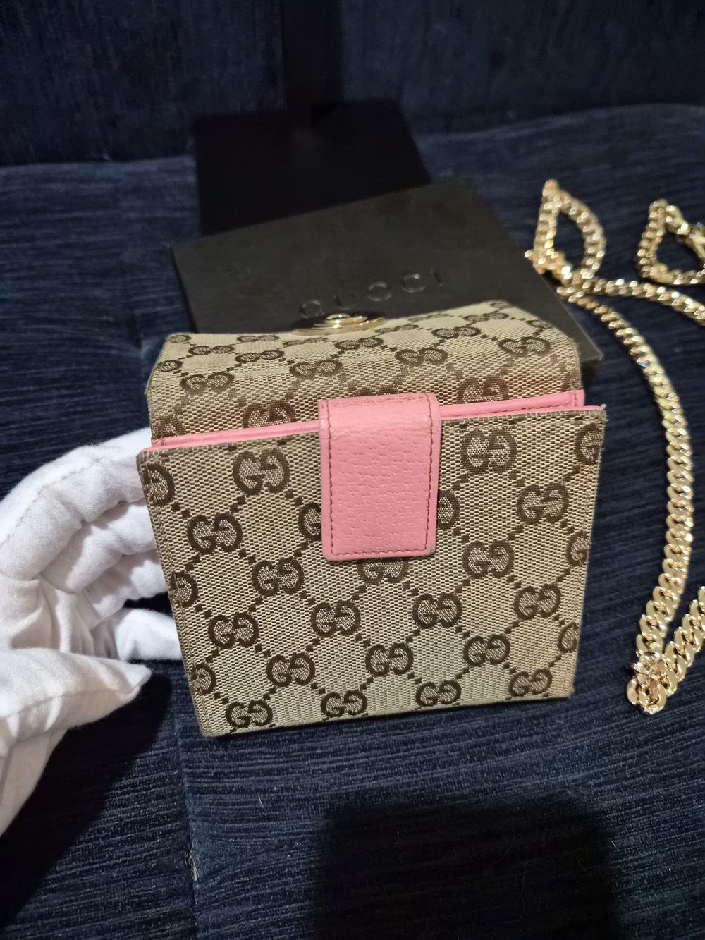 Authentic Gucci GG Canvas Wallet On Chain Pink Leather Crossbody Monogram Box - Picture 8 of 15